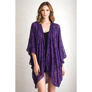 Eskandar Purple Burnout Open Front Kimono Sheer Jacket w Scarf Silk Blend SZ 0